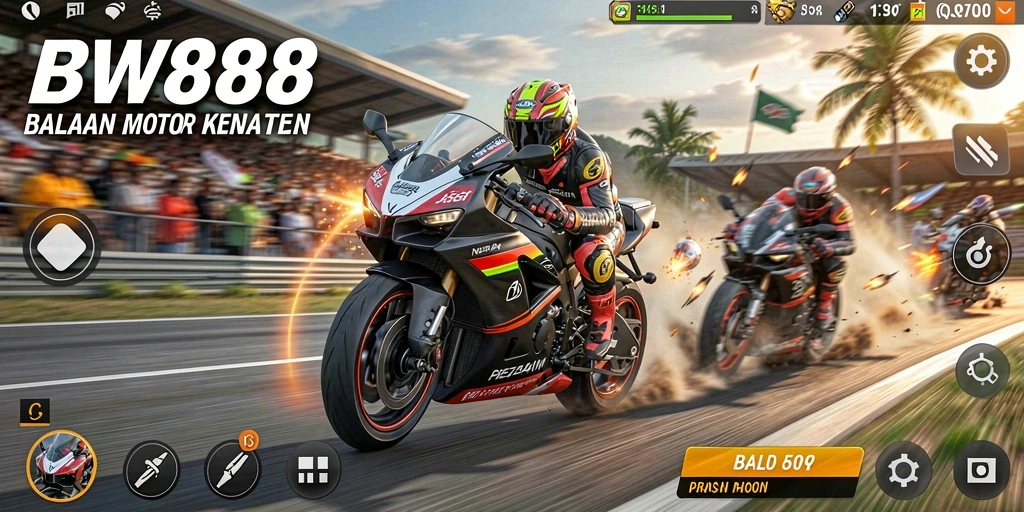 Gameplay BW888 yang seru dengan balapan motor yang mendebarkan.