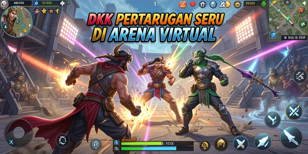Screenshot DKK menampilkan karakter bertarung di arena yang penuh aksi.