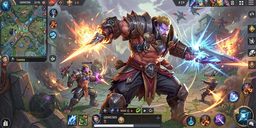 Tampilan screenshot GEMS365 menampilkan aksi pertempuran seru di arena MOBA.