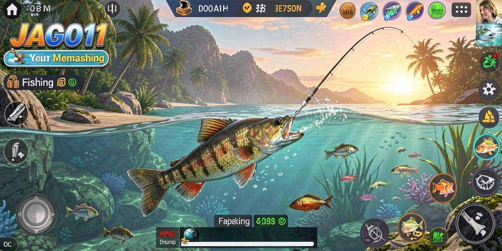 Gameplay JAGO11 yang mendebarkan dengan berbagai lokasi memancing yang indah.