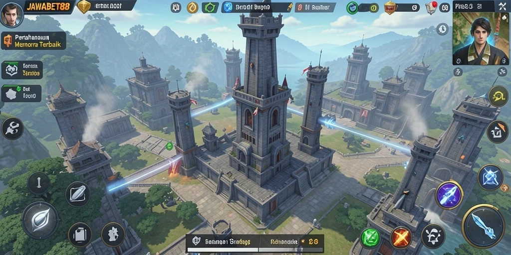 Tangkapan layar menampilkan aksi gameplay menara pertahanan yang menegangkan.