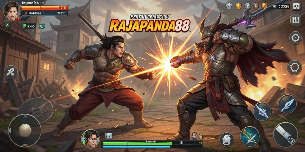 Screenshot gameplay RAJAPANDA88 menampilkan aksi pertarungan yang seru dan dinamis.
