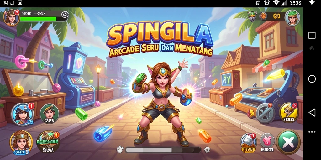 Tangkapan layar utama SPINGILA menampilkan gameplay Arcade yang penuh warna dan menantang.