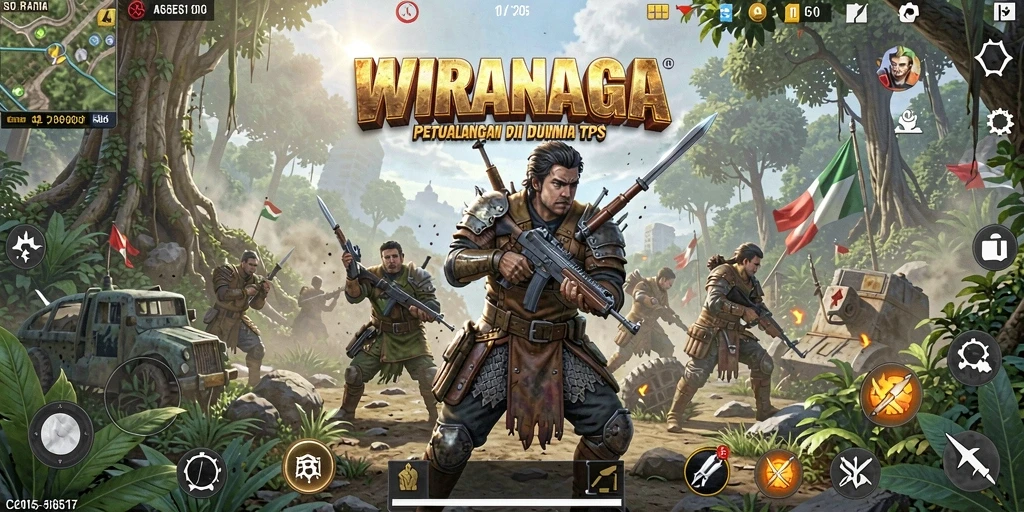 Screenshot utama WIRANAGA menampilkan aksi pertempuran seru di medan perang.